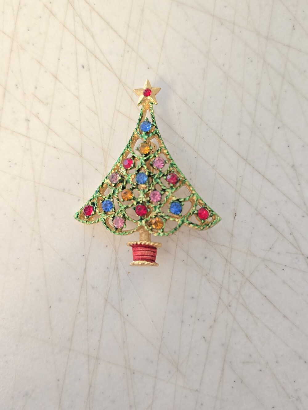 Vintage Gold Tone Multi Color Rhinestones Christmas Tree Brooch Pin 2''